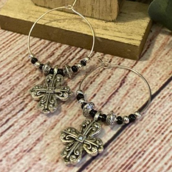 Handmade Jewelry - Beaded Cross Hoop Earrings